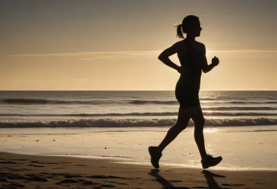 A lone runner seen in silhouette on an empty coastal path at dawn, with a low sun on the horizon casting a long shadow