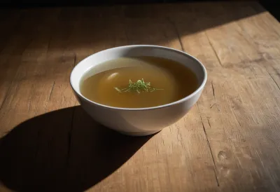 A single small white bowl of clear broth sitting at the centre of a wide, bare wooden table in quiet late-afternoon light