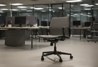 A single empty swivel chair standing alone in a wide, deserted open-plan office under cold overhead lighting at night