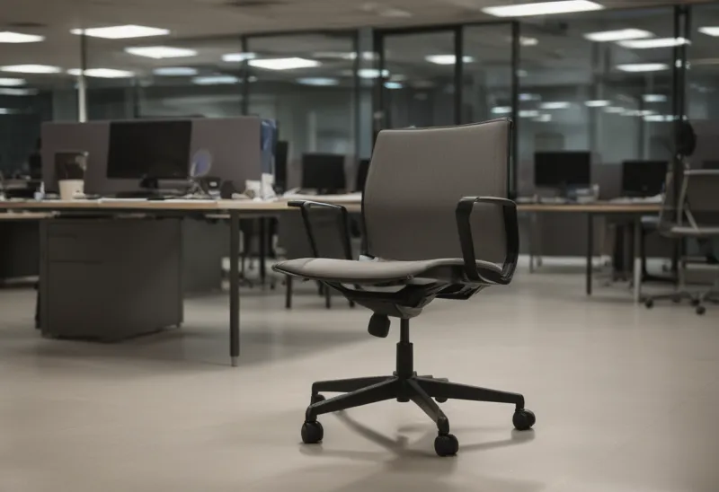 A single empty swivel chair standing alone in a wide, deserted open-plan office under cold overhead lighting at night