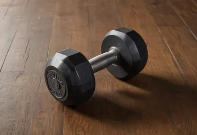 A single cast-iron dumbbell resting on a wooden floor, seen close from the side.