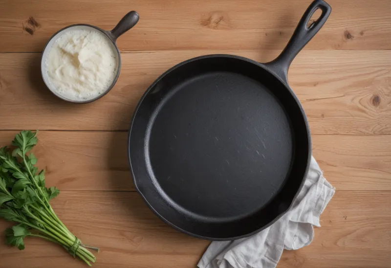 An empty cast-iron skillet photographed from above against a plain background.