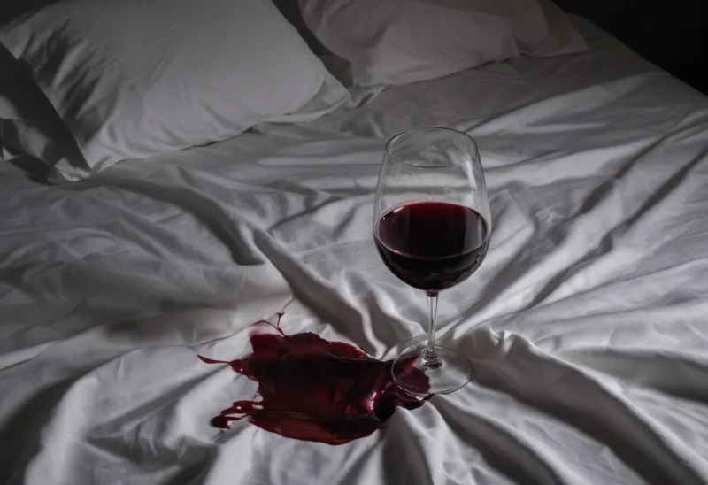 A dark red wine stain spreading and soaking into the weave of a creased white cotton bedsheet that fills the frame