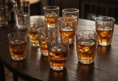 A dark bar table crowded with empty and half-finished drinking glasses under warm late-night light.