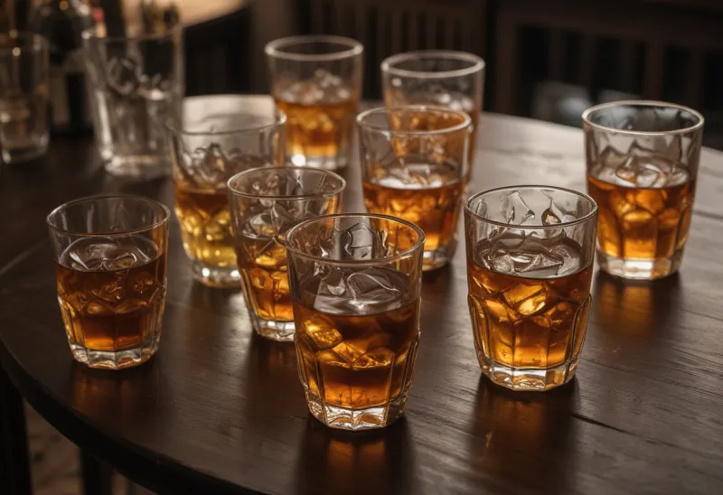 A dark bar table crowded with empty and half-finished drinking glasses under warm late-night light.