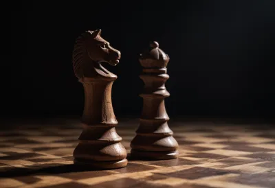 A carved wooden chess knight on a dark surface, with another chess piece nearby.