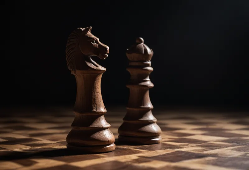 A carved wooden chess knight on a dark surface, with another chess piece nearby.