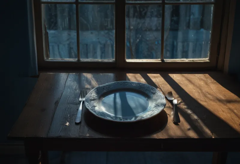 A single bare white porcelain plate with one fork beside it on a scrubbed wooden table, lit by cold blue evening light from a window, casting deep shadow.