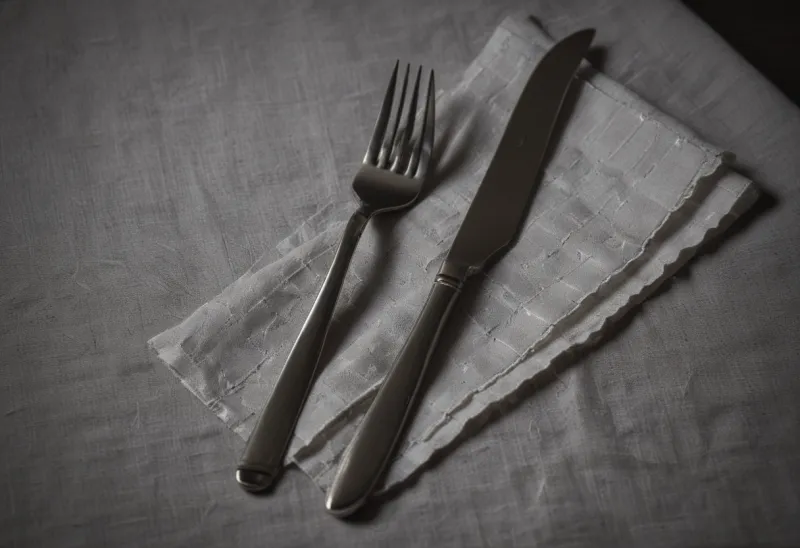A single stainless steel dinner fork resting on a folded linen napkin.