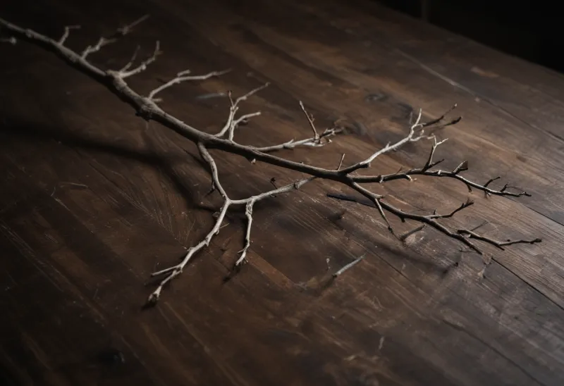 A single bare branch lying on a wooden table, seen from above.