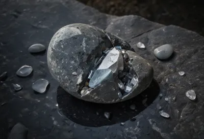 A plain grey river stone broken open to expose a dense glittering crystal interior, with the split face angled toward the viewer.