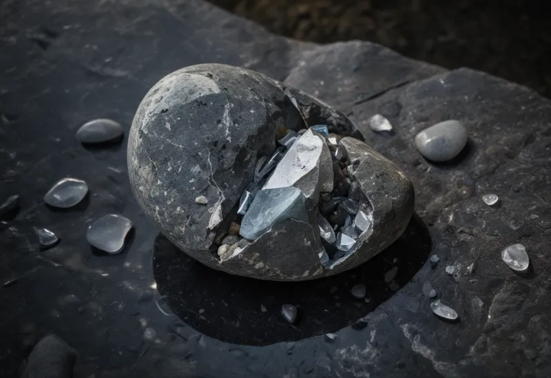 A plain grey river stone broken open to expose a dense glittering crystal interior, with the split face angled toward the viewer.