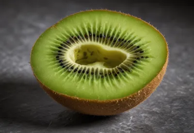 A halved kiwifruit scooped hollow, leaving only a thin rim of green flesh inside the skin, resting on a pale grey stone surface