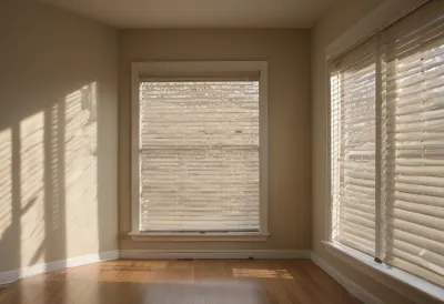 Bands of early morning sunlight falling across a bare wall through half-open window blinds in a quiet empty room