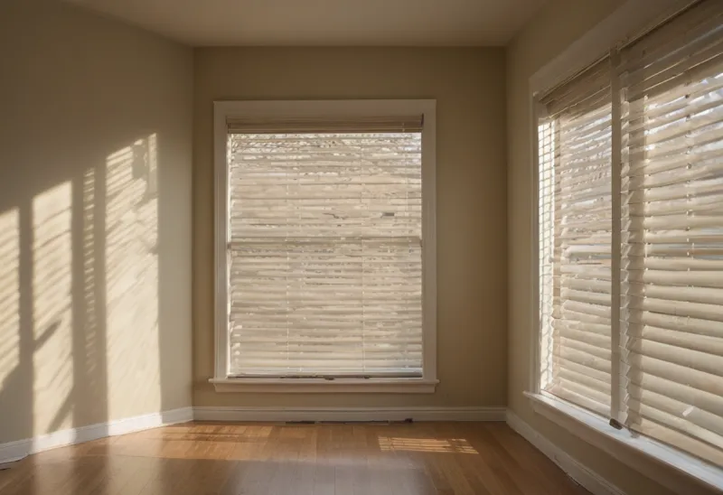 Bands of early morning sunlight falling across a bare wall through half-open window blinds in a quiet empty room