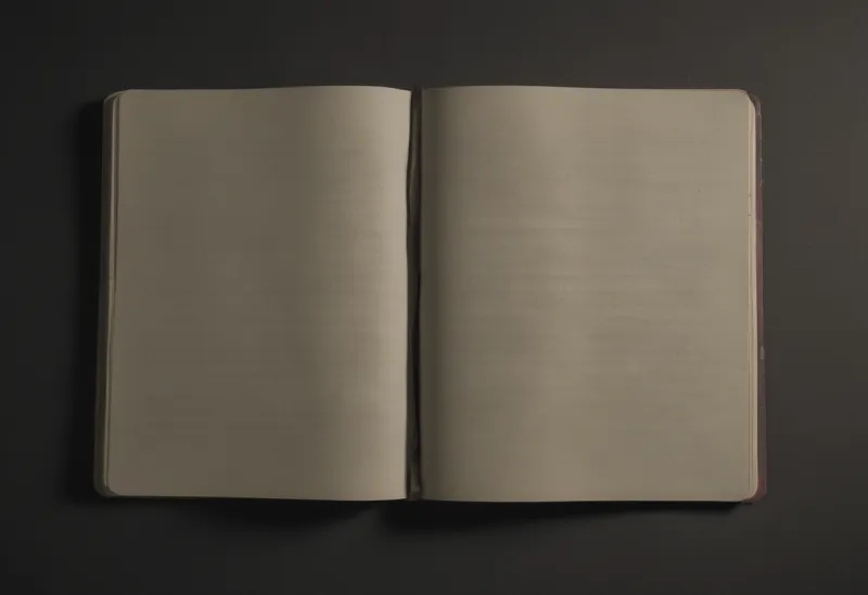 An open notebook with blank pages, photographed from directly above on a plain surface.