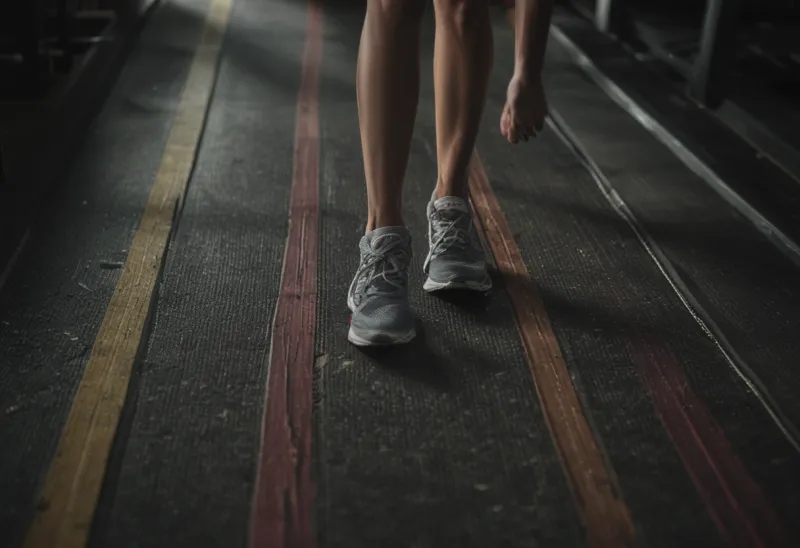 A close view of a treadmill running belt worn pale in a stripe down its centre.