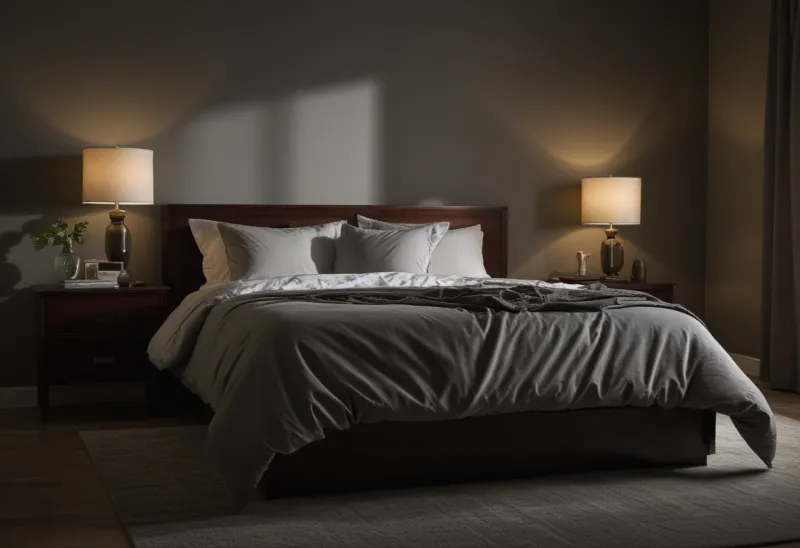 A neatly made bed with plain bedding in a simple bedroom, seen from the foot of the bed.