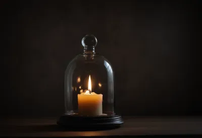 A single lit candle burning inside a sealed glass bell jar in a dark, still room