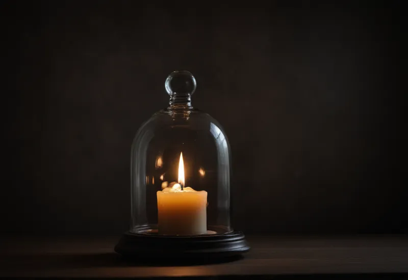 A single lit candle burning inside a sealed glass bell jar in a dark, still room