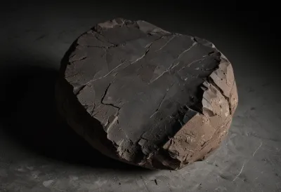 A single lump of dark grey modeling clay, freshly reshaped with tool marks and dents pressed across its surface, lit by one hard shaft of light