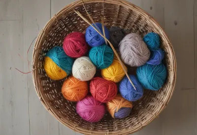 A wicker basket filled with balls of colorful yarn and a pair of knitting needles