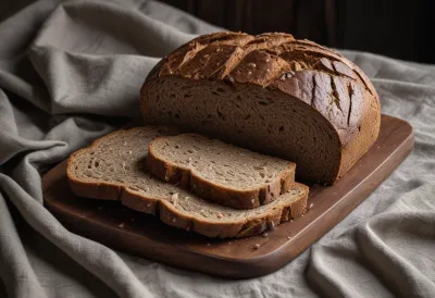 A loaf of dark rye bread with a few slices cut, on a linen cloth.
