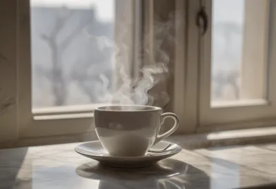 A white cup of black coffee with steam rising, on a pale marble counter in bright morning window light