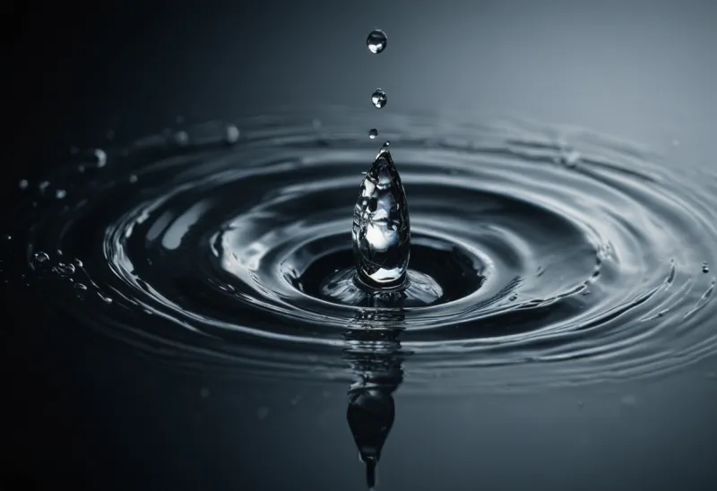 A single water drop striking a still dark pool, one ripple ring spreading outward from the point of impact