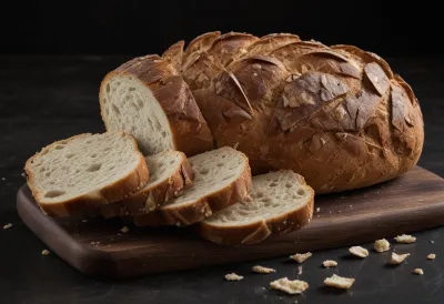 A rustic sourdough loaf cut into slices of differing thickness, still leaning together as one whole loaf on a bare dark wood board