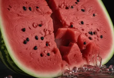 A thick wedge of watermelon photographed head-on, its wet cut surface beaded with moisture.