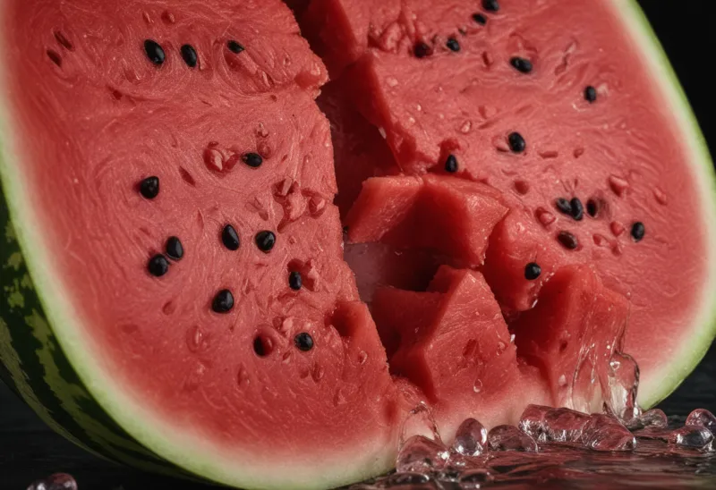 A thick wedge of watermelon photographed head-on, its wet cut surface beaded with moisture.