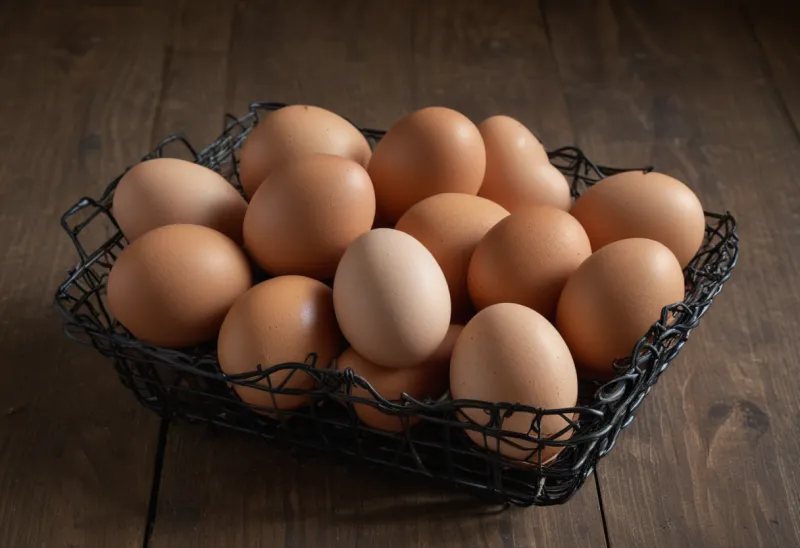 A black wire basket heaped with brown eggs on a rustic wooden board