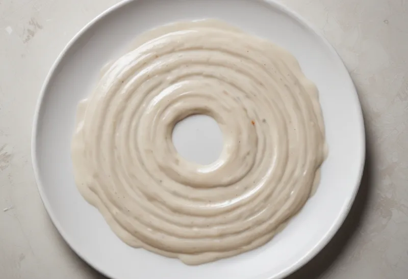 A thick, ridged coil of pale creamy sauce piped onto a plain white plate, photographed from directly above on a scrubbed steel counter.