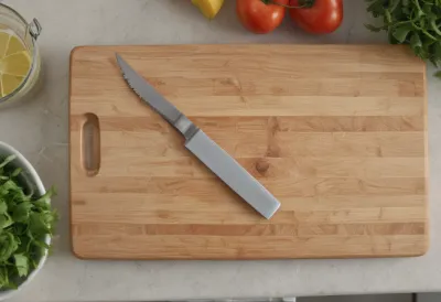 A plain wooden cutting board resting on a kitchen counter, seen from above.