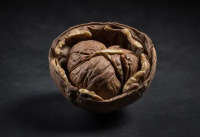 A single whole unshelled walnut photographed close up on a plain surface.