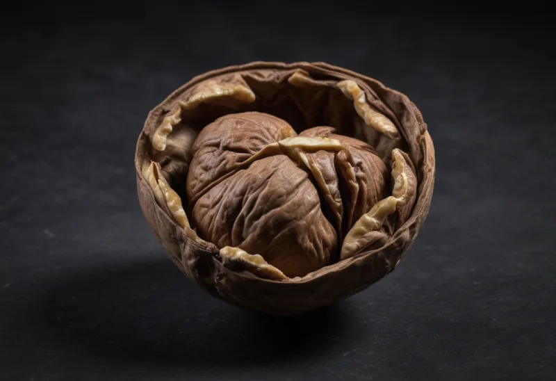 A single whole unshelled walnut photographed close up on a plain surface.