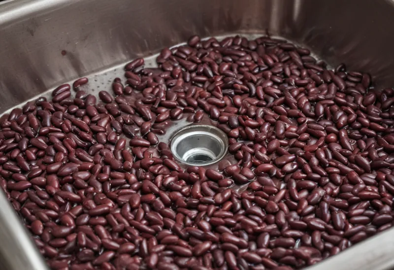 Red kidney beans in a steel colander over a sink, still dripping after being drained.