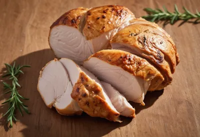 A roasted chicken breast sliced across the grain and fanned open on a pale wooden board, with faint pale striations visible in the cut surfaces.