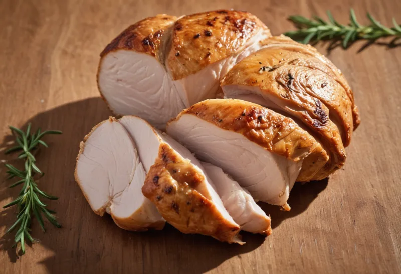 A roasted chicken breast sliced across the grain and fanned open on a pale wooden board, with faint pale striations visible in the cut surfaces.