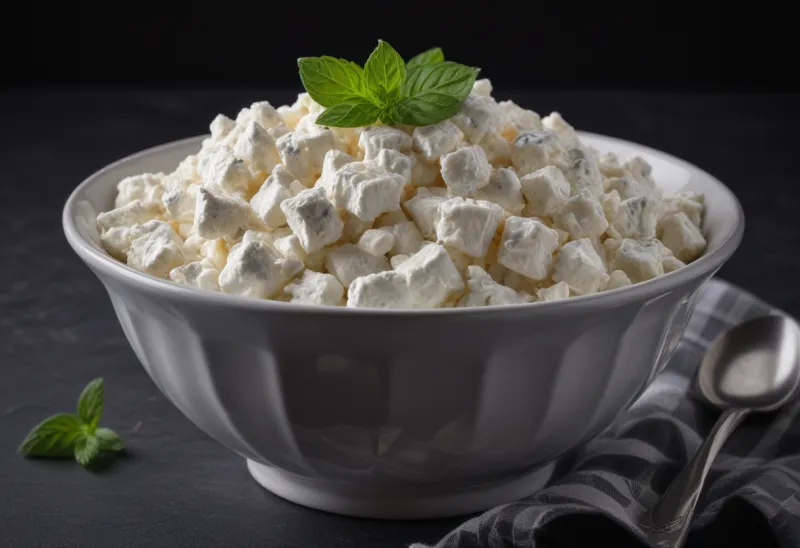 A plain bowl of white cottage cheese seen close from the side.