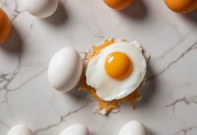 One cracked raw egg on a pale marble slab, its deep orange yolk sitting intact within the spread clear white.