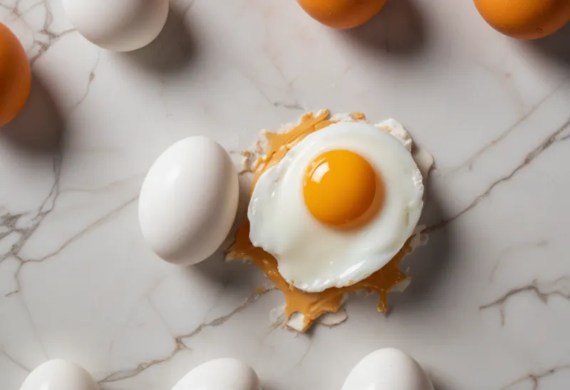 One cracked raw egg on a pale marble slab, its deep orange yolk sitting intact within the spread clear white.