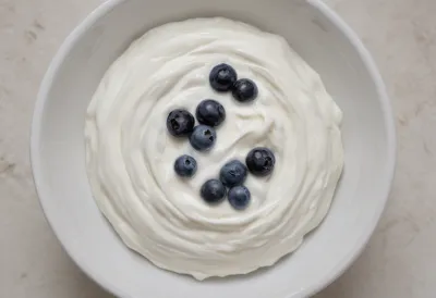 A plain bowl of thick white Greek yogurt photographed from directly above.
