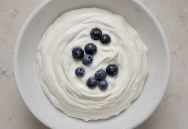A plain bowl of thick white Greek yogurt photographed from directly above.