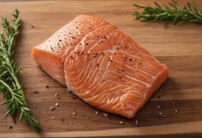 A single salmon fillet lying on a wooden cutting board, seen from above.