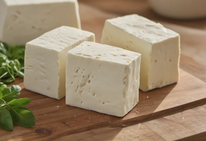 A single block of firm white tofu resting on a wooden board.