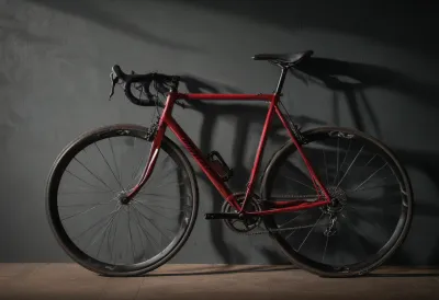A road bicycle standing side-on against a plain wall.