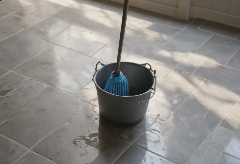 A metal mop bucket filled with grey water standing on a wet tiled kitchen floor, lit by low afternoon sun.