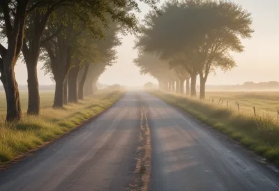 An empty country road stretching straight toward a distant vanishing point in cool, misty dawn light
